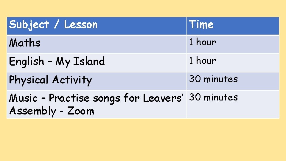 Subject / Lesson Time Maths 1 hour English – My Island 1 hour Physical