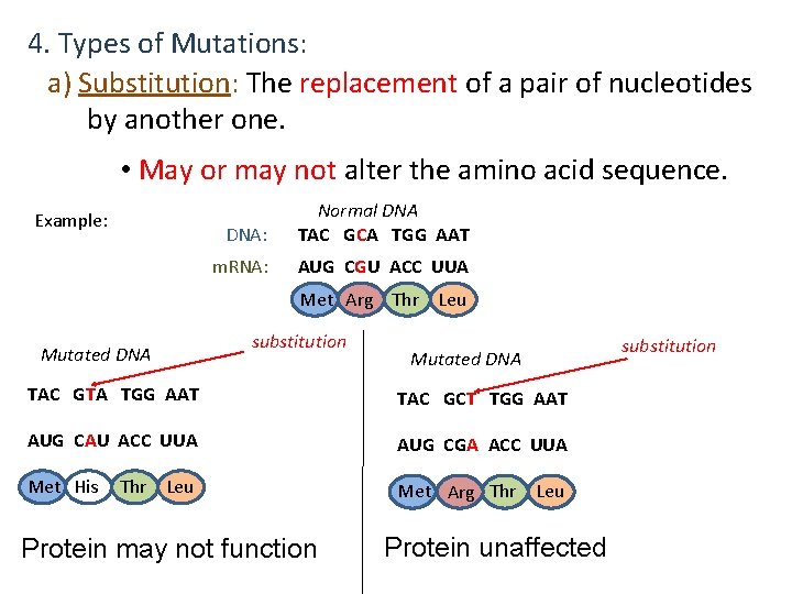 4. Types of Mutations: a) Substitution: The replacement of a pair of nucleotides by