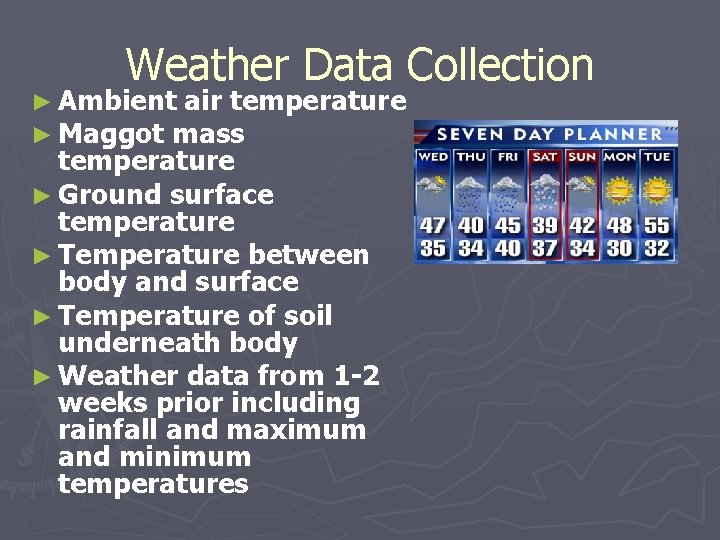 Weather Data Collection ► Ambient air temperature ► Maggot mass temperature ► Ground surface