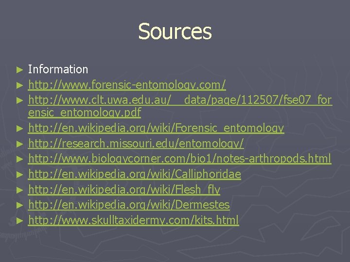 Sources Information ► http: //www. forensic-entomology. com/ ► http: //www. clt. uwa. edu. au/__data/page/112507/fse