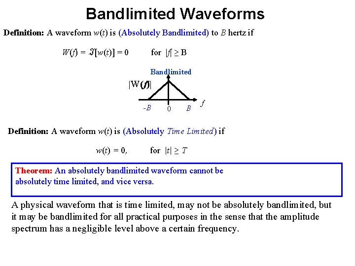 Bandlimited Waveforms Definition: A waveform w(t) is (Absolutely Bandlimited) to B hertz if W(f)