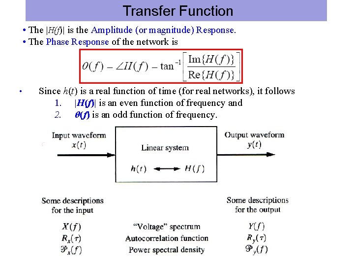 Transfer Function • The |H(f)| is the Amplitude (or magnitude) Response. • The Phase