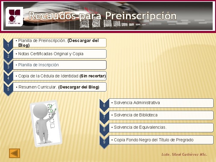 Recaudos para Preinscripción 1 2 3 4 5 • Planilla de Preinscripción. (Descargar del