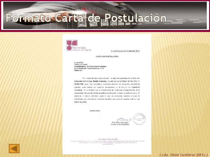 Formato Carta de Postulación Lcda. Sileni Gutiérrez (M. Sc. ) 