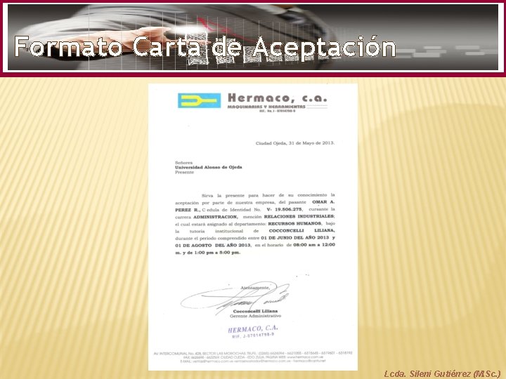 Formato Carta de Aceptación Lcda. Sileni Gutiérrez (M. Sc. ) 