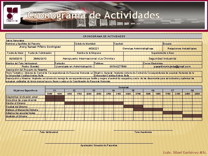 Cronograma de Actividades CRONOGRAMA DE ACTIVIDADES Datos Generales Nombres y Apellidos del Pasante: Cédula
