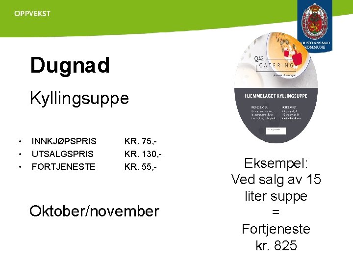 Dugnad Kyllingsuppe • • • INNKJØPSPRIS UTSALGSPRIS FORTJENESTE KR. 75, KR. 130, KR. 55,
