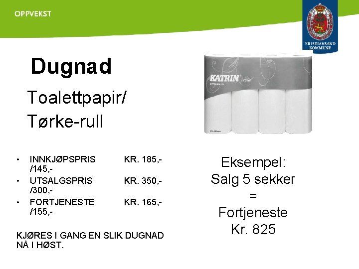 Dugnad Toalettpapir/ Tørke-rull • • • INNKJØPSPRIS /145, UTSALGSPRIS /300, FORTJENESTE /155, - KR.