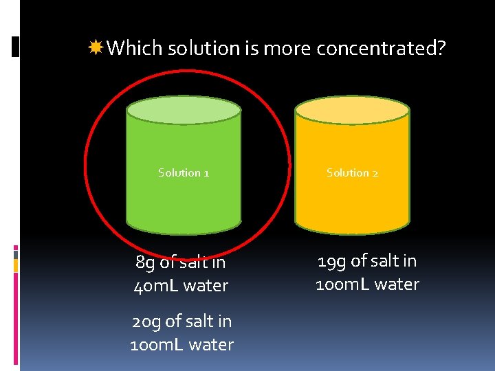  Which solution is more concentrated? Solution 1 8 g of salt in 40