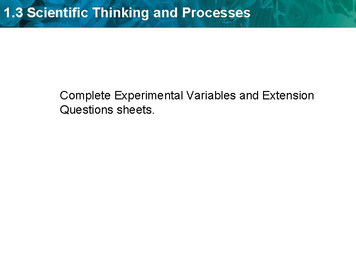 1. 3 Scientific Thinking and Processes Complete Experimental Variables and Extension Questions sheets. 
