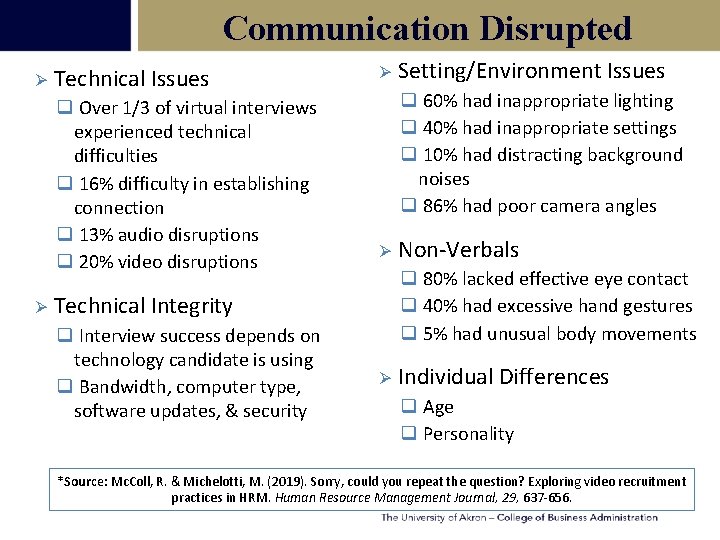 Communication Disrupted Ø Technical Issues q Over 1/3 of virtual interviews experienced technical difficulties