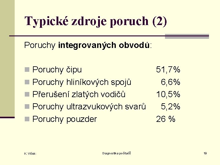 Typické zdroje poruch (2) Poruchy integrovaných obvodů: n Poruchy čipu n Poruchy hliníkových spojů