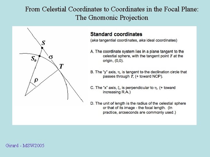 From Celestial Coordinates to Coordinates in the Focal Plane: The Gnomonic Projection Girard -