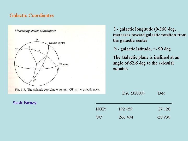 Galactic Coordinates l - galactic longitude (0 -360 deg, increases toward galactic rotation from