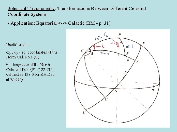 Spherical Trigonometry: Transformations Between Different Celestial Coordinate Systems - Application: Equatorial <--> Galactic (BM