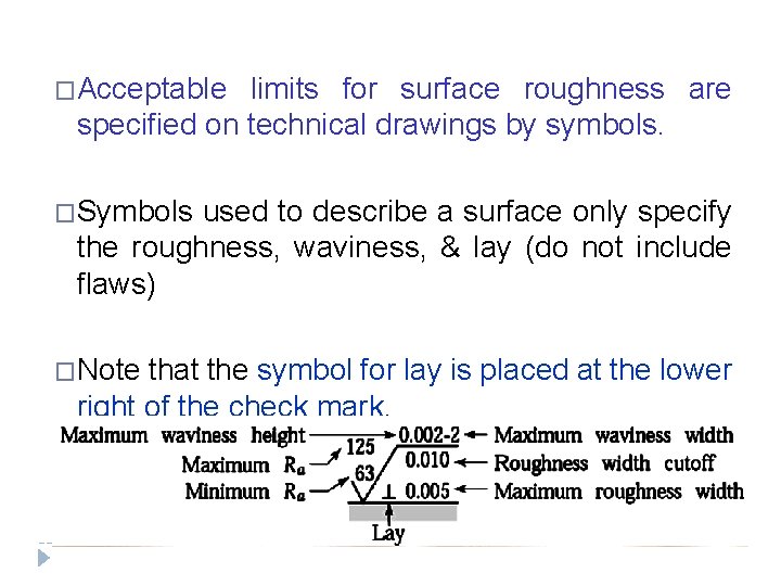 �Acceptable limits for surface roughness are specified on technical drawings by symbols. �Symbols used