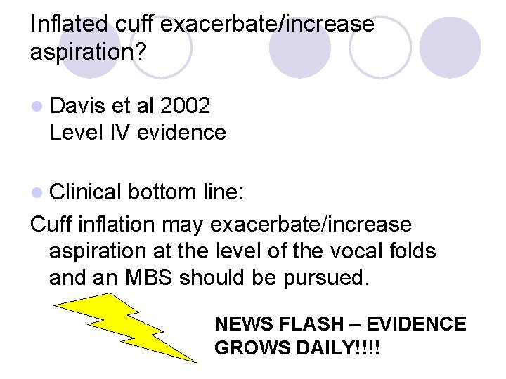 Inflated cuff exacerbate/increase aspiration? l Davis et al 2002 Level IV evidence l Clinical