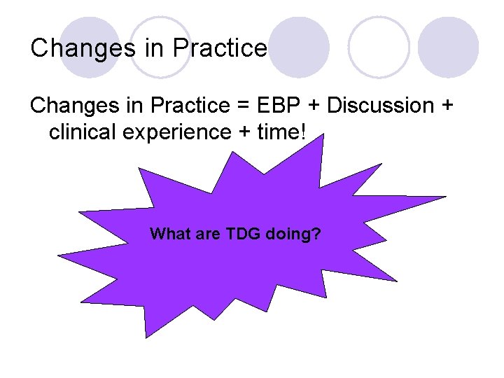 Changes in Practice = EBP + Discussion + clinical experience + time! What are