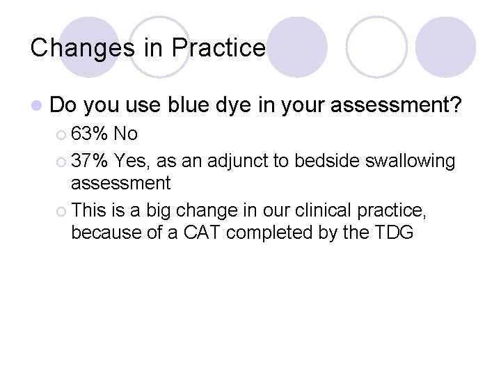 Changes in Practice l Do you use blue dye in your assessment? ¡ 63%