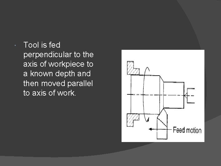  Tool is fed perpendicular to the axis of workpiece to a known depth