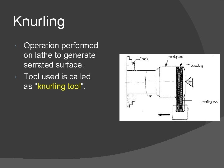 Knurling Operation performed on lathe to generate serrated surface. Tool used is called as