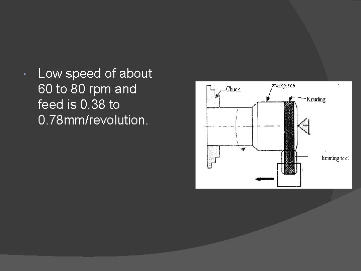  Low speed of about 60 to 80 rpm and feed is 0. 38