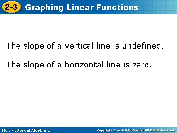 2 -3 Graphing Linear Functions The slope of a vertical line is undefined. The