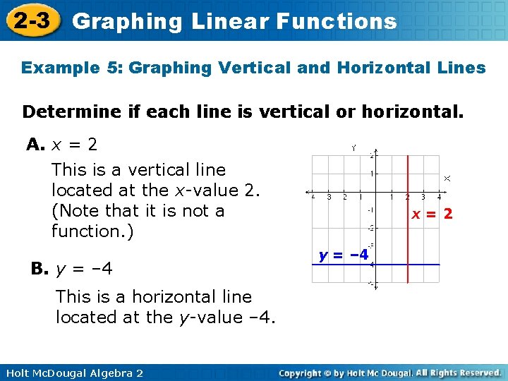 2 -3 Graphing Linear Functions Example 5: Graphing Vertical and Horizontal Lines Determine if