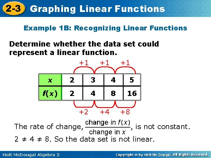2 -3 Graphing Linear Functions Example 1 B: Recognizing Linear Functions Determine whether the