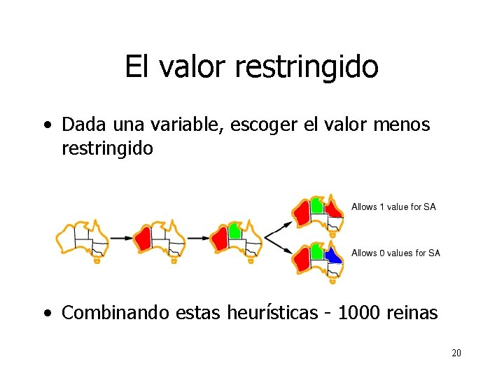 El valor restringido • Dada una variable, escoger el valor menos restringido • Combinando