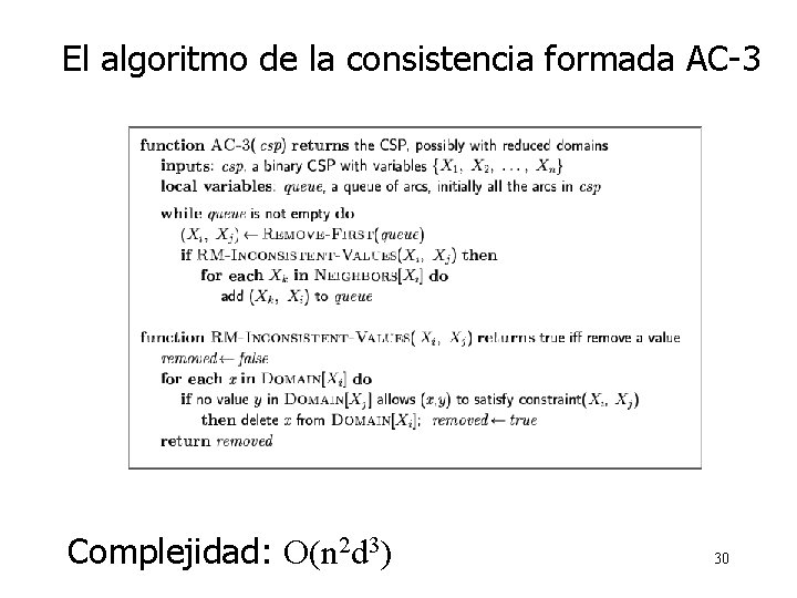 El algoritmo de la consistencia formada AC-3 Complejidad: O(n 2 d 3) 30 