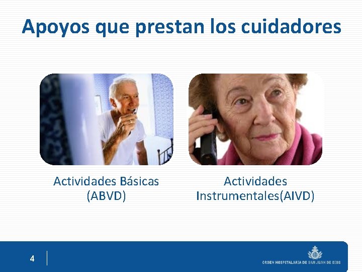Apoyos que prestan los cuidadores Actividades Básicas (ABVD) 4 Actividades Instrumentales(AIVD) 