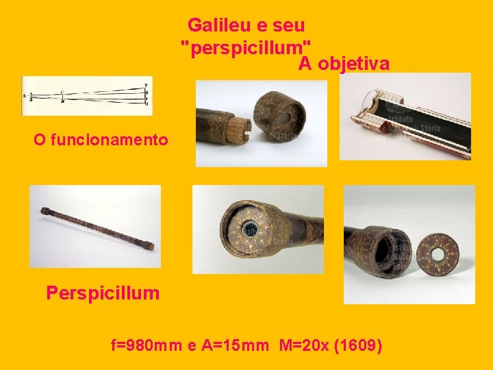 Galileu e seu "perspicillum" A objetiva O funcionamento Perspicillum f=980 mm e A=15 mm