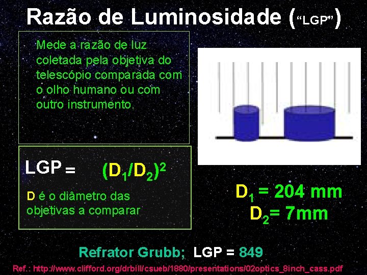 Razão de Luminosidade (“LGP”) Mede a razão de luz coletada pela objetiva do telescópio