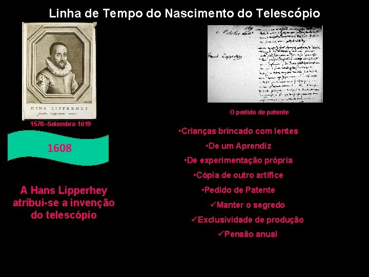 Linha de Tempo do Nascimento do Telescópio O pedido de patente 1570–Setembro 1619 1608