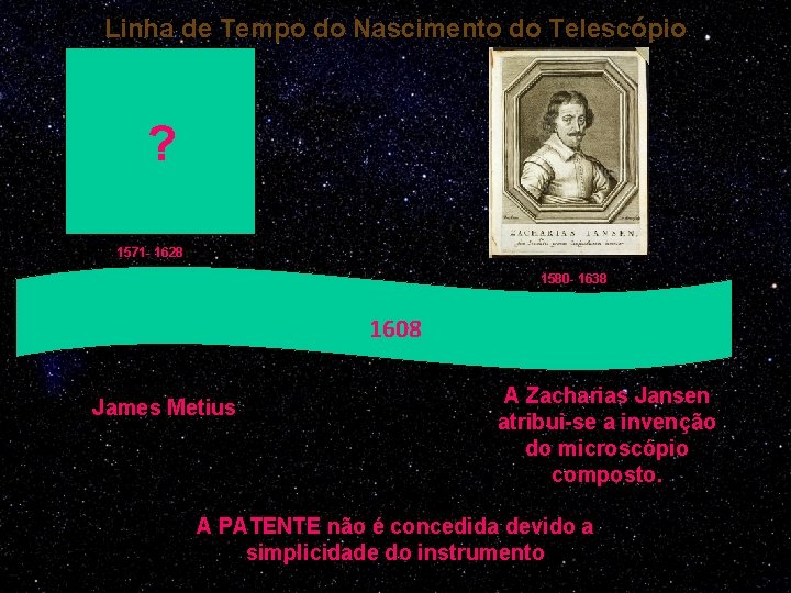 Linha de Tempo do Nascimento do Telescópio ? 1571 - 1628 1580 - 1638