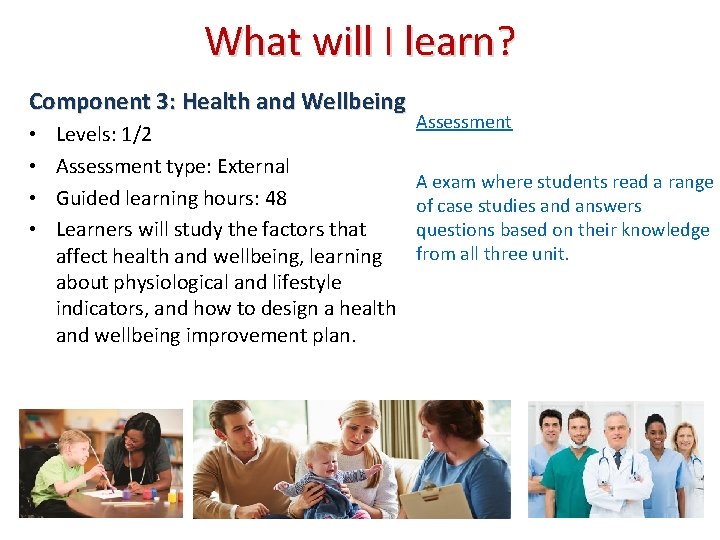 What will I learn? Component 3: Health and Wellbeing • • Levels: 1/2 Assessment