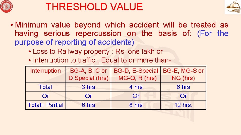 THRESHOLD VALUE • Minimum value beyond which accident will be treated as having serious