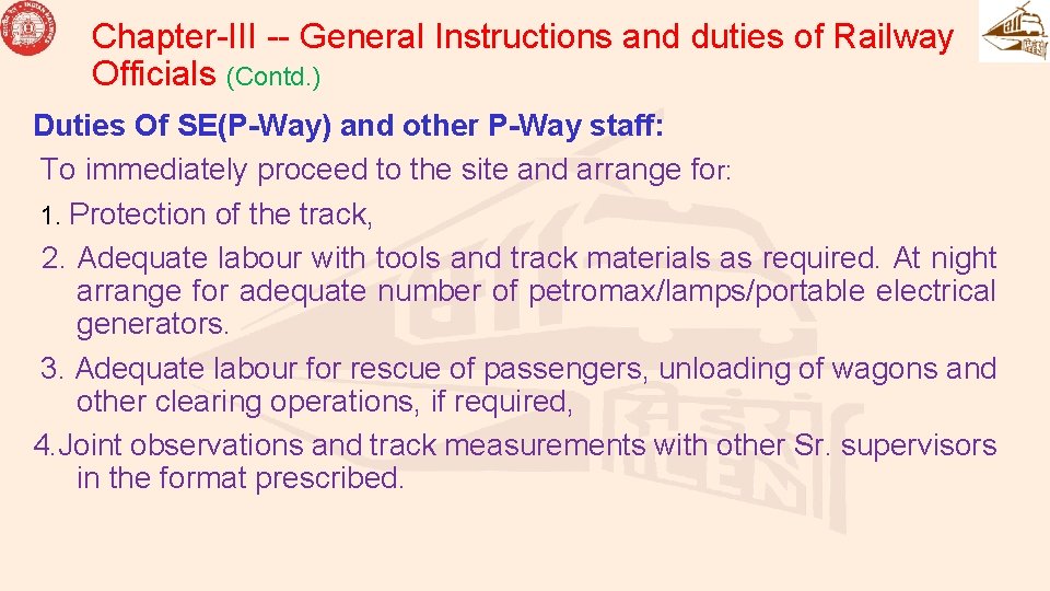 Chapter-III -- General Instructions and duties of Railway Officials (Contd. ) Duties Of SE(P-Way)