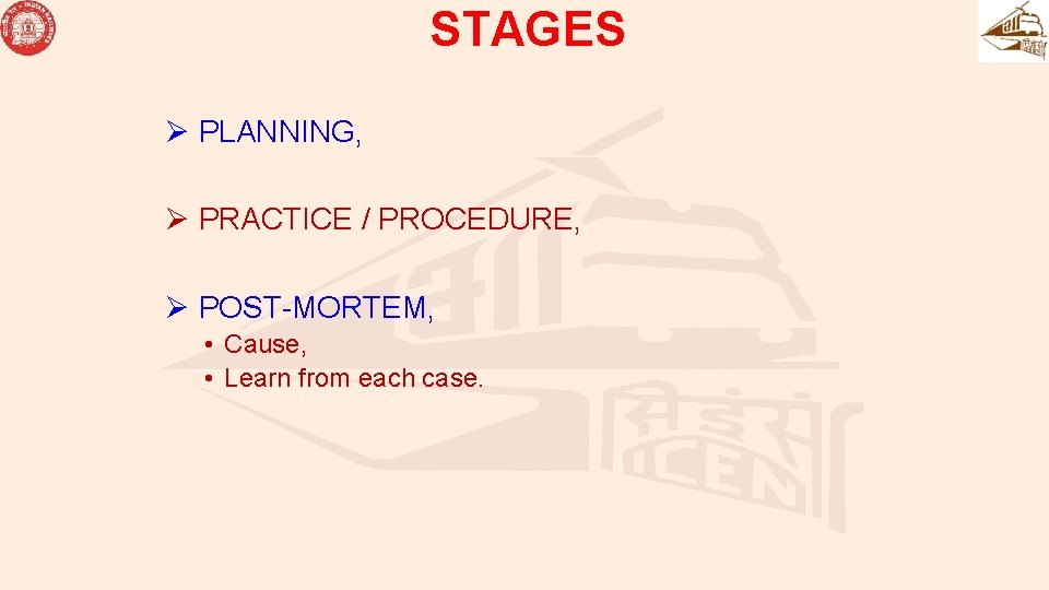 STAGES Ø PLANNING, Ø PRACTICE / PROCEDURE, Ø POST-MORTEM, • Cause, • Learn from