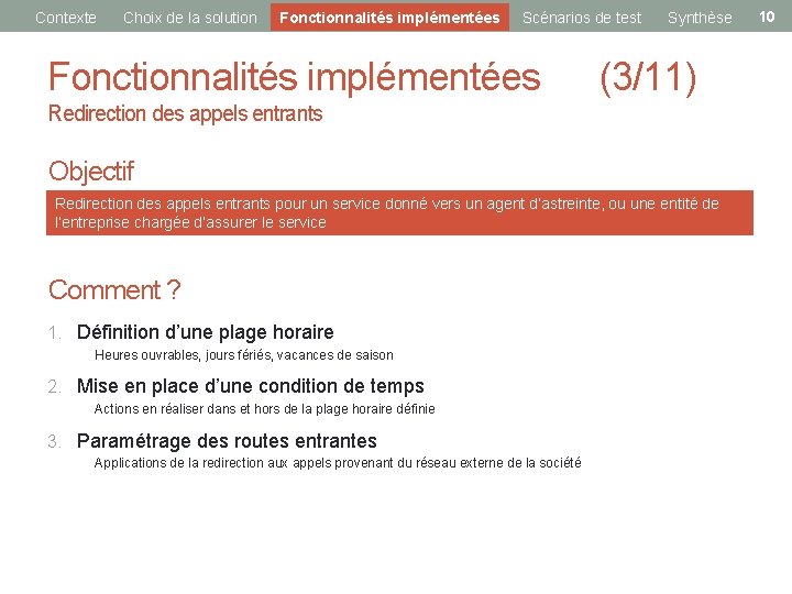 Contexte Choix de la solution Fonctionnalités implémentées Scénarios de test Synthèse Fonctionnalités implémentées (3/11)