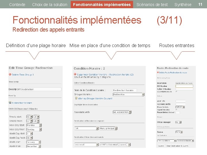 Contexte Choix de la solution Fonctionnalités implémentées Scénarios de test Synthèse Fonctionnalités implémentées (3/11)