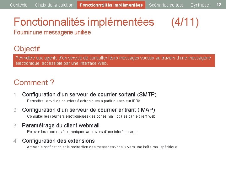 Contexte Choix de la solution Fonctionnalités implémentées Scénarios de test Synthèse Fonctionnalités implémentées (4/11)