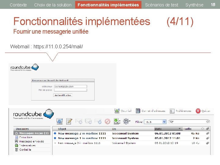 Contexte Choix de la solution Fonctionnalités implémentées Scénarios de test Synthèse Fonctionnalités implémentées (4/11)