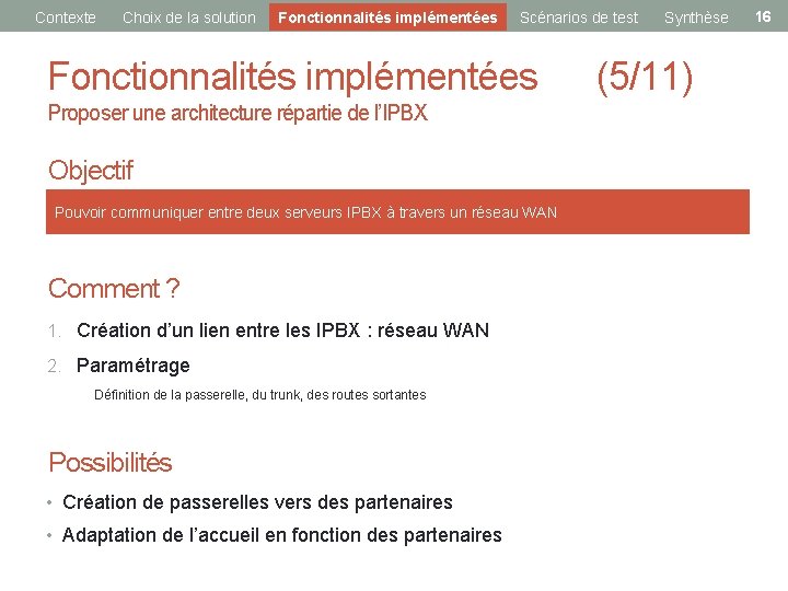 Contexte Choix de la solution Fonctionnalités implémentées Scénarios de test Synthèse Fonctionnalités implémentées (5/11)