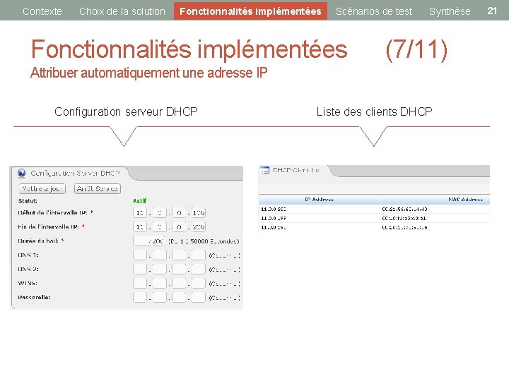 Contexte Choix de la solution Fonctionnalités implémentées Scénarios de test Synthèse Fonctionnalités implémentées (7/11)