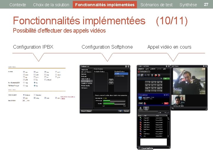 Contexte Choix de la solution Fonctionnalités implémentées Scénarios de test Synthèse Fonctionnalités implémentées (10/11)