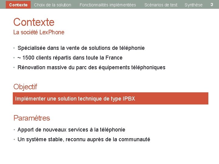 Contexte Choix de la solution Fonctionnalités implémentées Scénarios de test Contexte La société Lex.