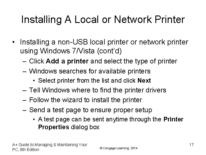 Installing A Local or Network Printer • Installing a non-USB local printer or network