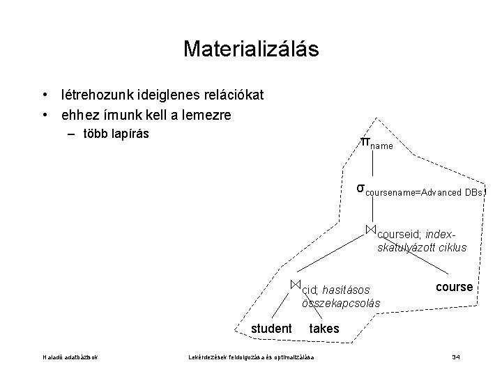 Materializálás • létrehozunk ideiglenes relációkat • ehhez írnunk kell a lemezre – több lapírás